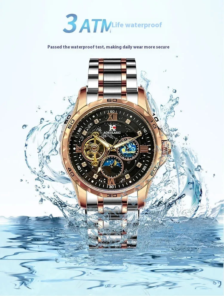 Men's automatic mechanical watch with rose gold shell case and large black dial, 12mm thickness