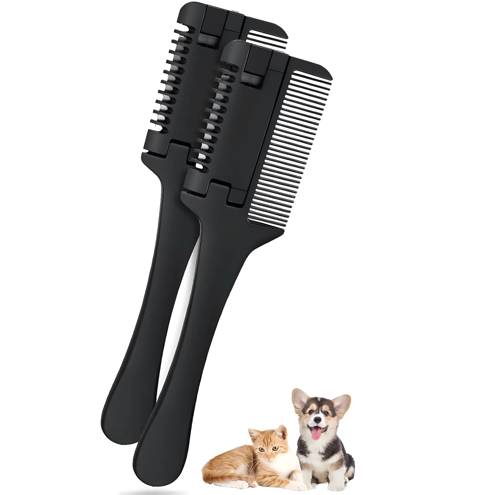 A 2-in-1 razor comb for grooming dogs and cats, shown with replacement blades.