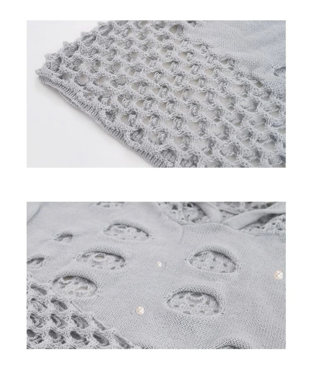 Black men's loose fit hoodie with pearl decorations on the hood, showing thin hollow knit construction.