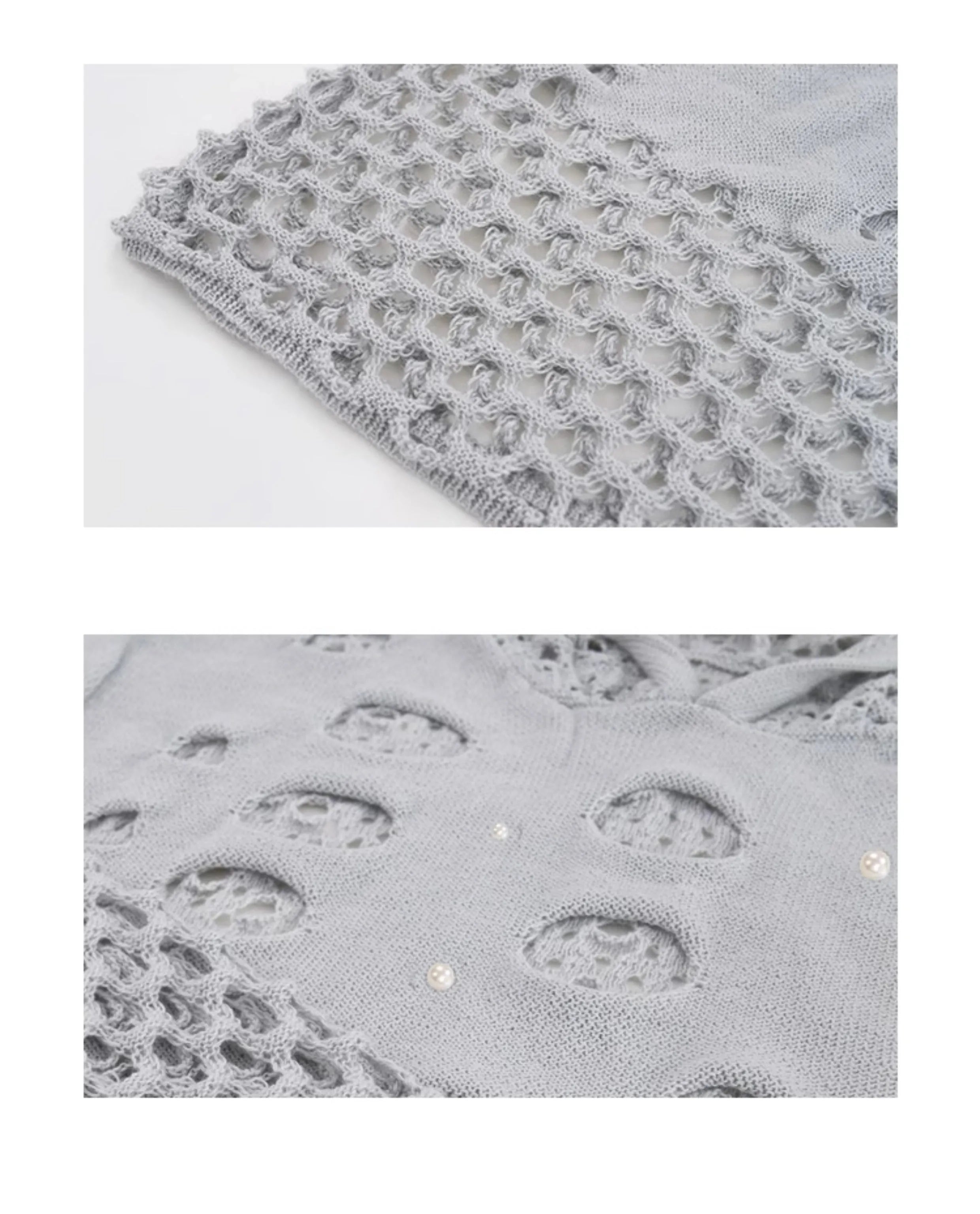 Black men's loose fit hoodie with pearl decorations on the hood, showing thin hollow knit construction.