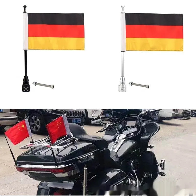 Black and silver electroplated motorcycle flagpole mount for side box or luggage rack attachment