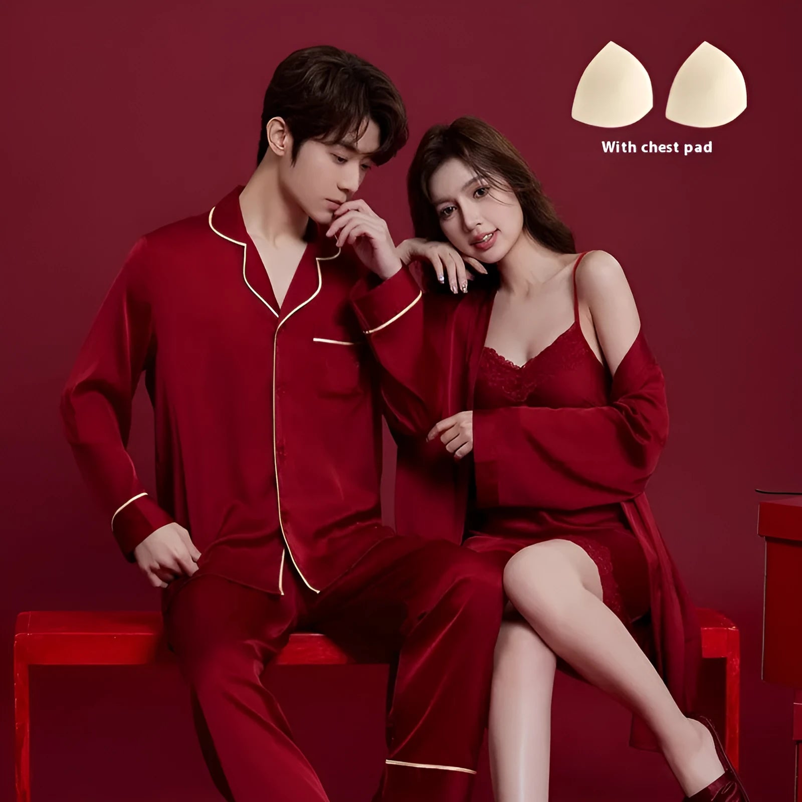 Red ice silk polyester pyjama set for men and women with long sleeves and trousers