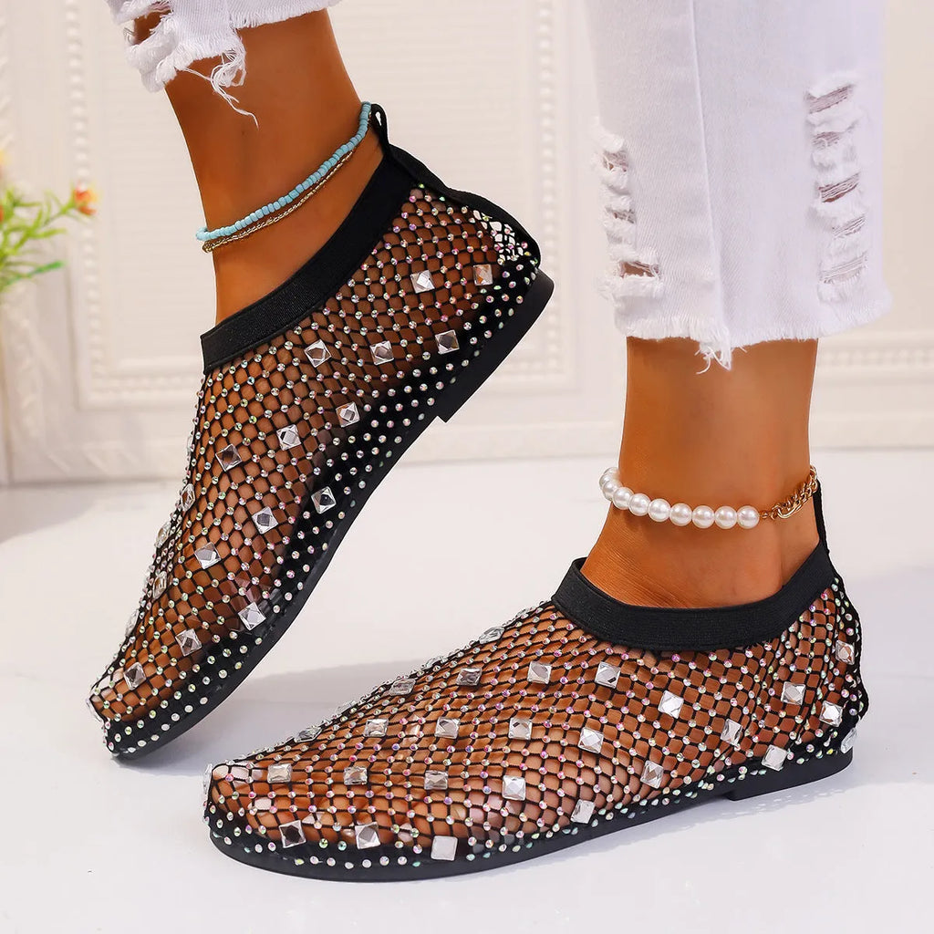 Women's colourful rhinestone mesh flat sandals with rubber sole