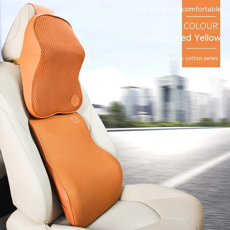 Black memory foam car headrest pillow and lumbar support pillow set on car seat
