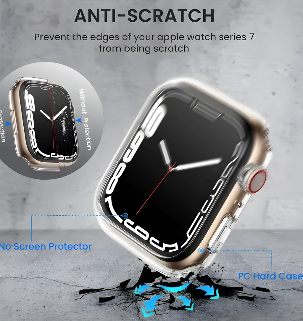 PC tempered film watch case in multiple colours including transparent, leopard print, and carbon fibre patterns for Apple Watch.