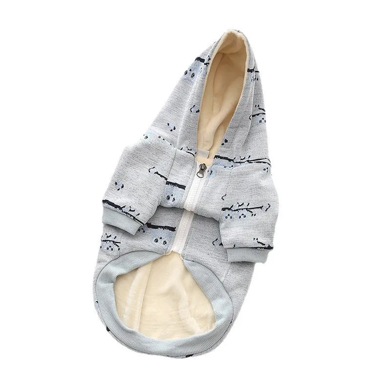 Blue cotton dog sweater with front zipper closure on small dog model