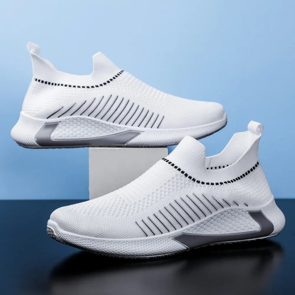 Men's mesh sock shoes with striped design, lightweight slip-on sneakers in black colour
