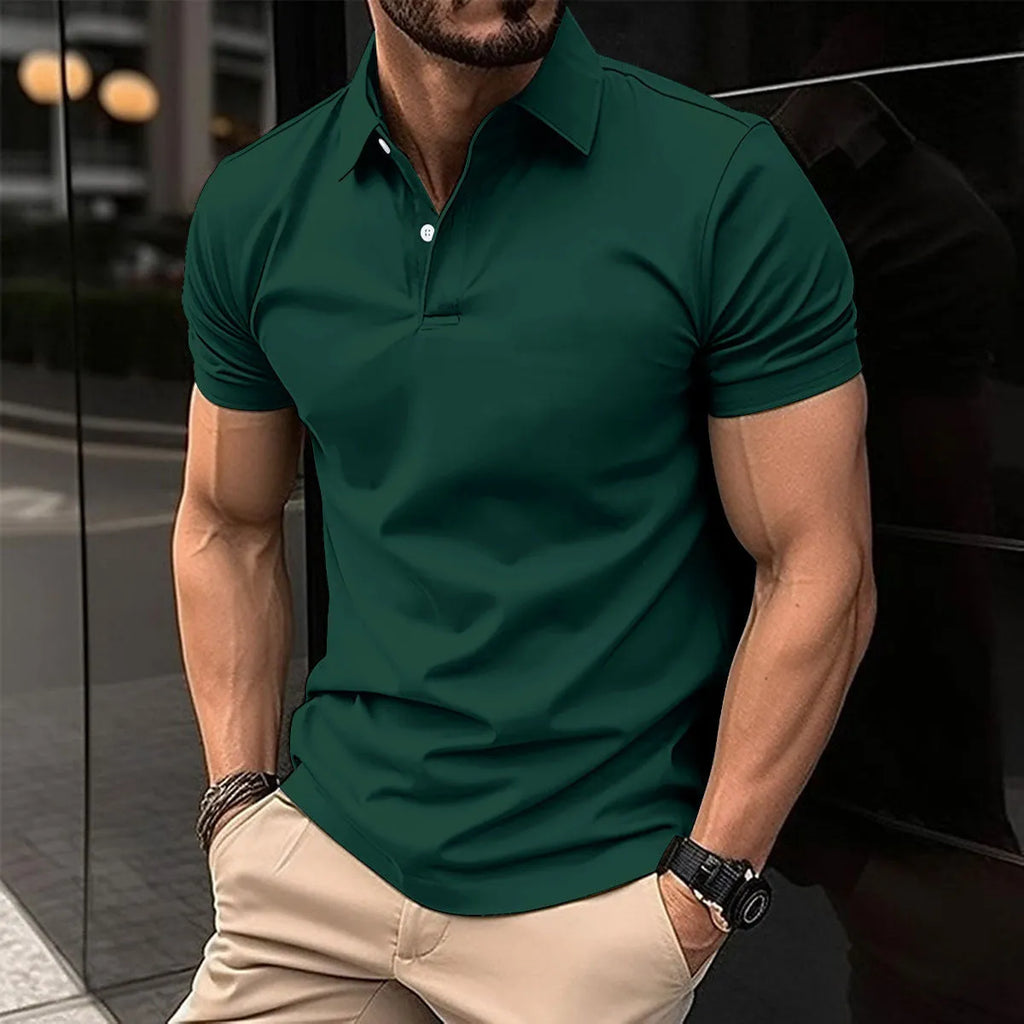 Men's solid colour polo shirt with short sleeves and button lapel in cotton blend fabric