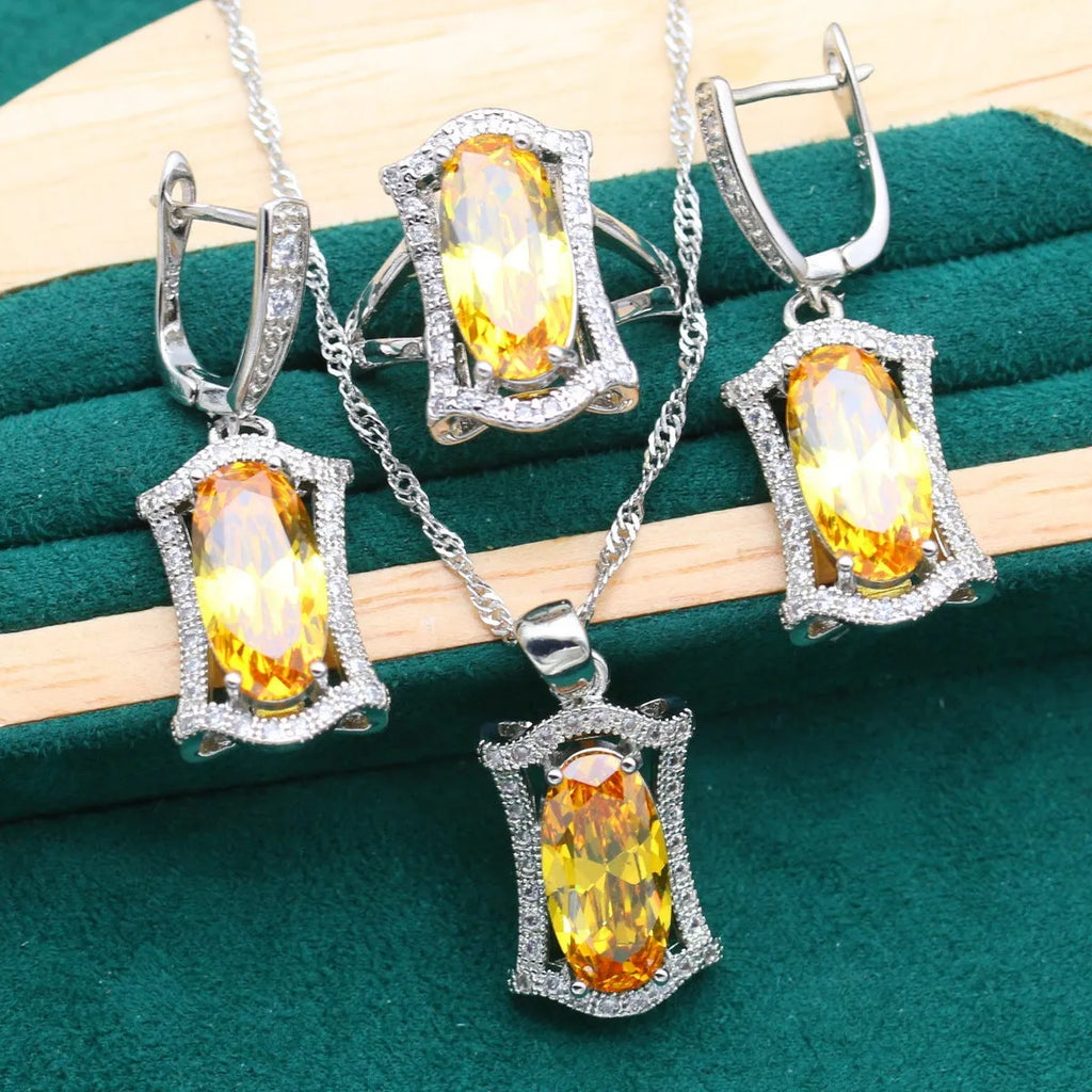 Anti-allergy zircon jewellery set showing matching necklace, earrings, ring and bracelet with snake chain detail