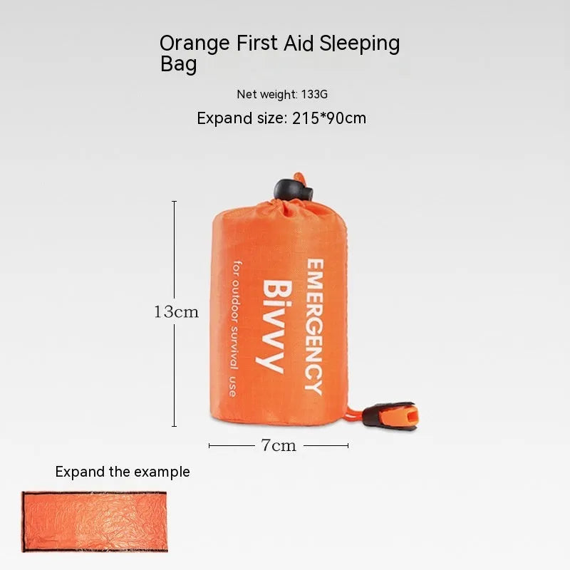 Orange portable disaster relief tent kit with sleeping bag, raincoat, and emergency blanket packed together.