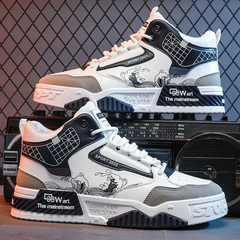Men's high-top board shoes in beige with white and blue accents, lace-up design with rubber sole