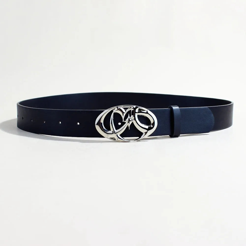 Casual silver buckle belt with PU leather strap in 105cm length and 3.3cm width