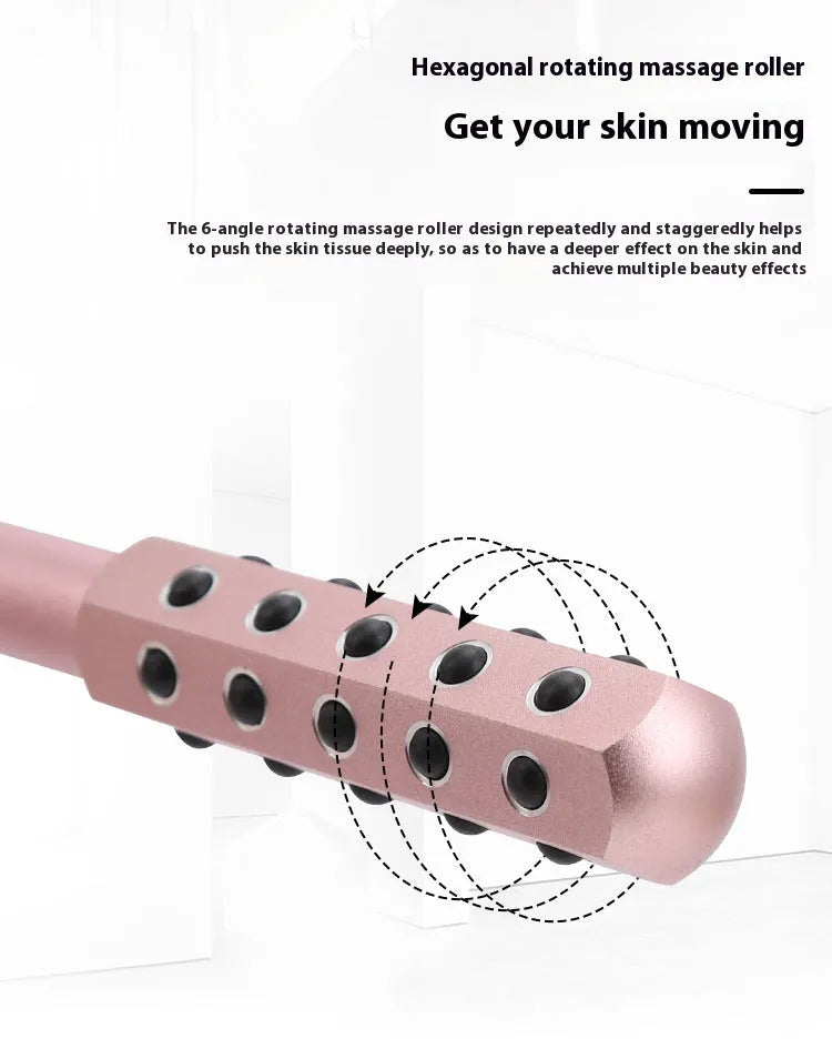 Purple stainless steel facial massage roller with germanium particle ball head on a white background.