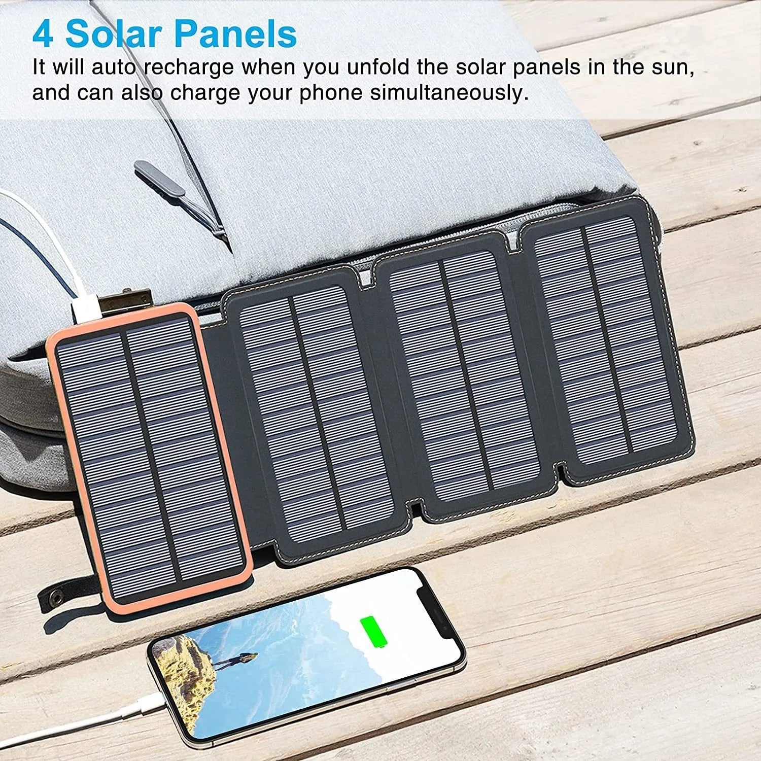 Black solar power bank with a solar panel, LED light, USB ports, and a soft leather casing.