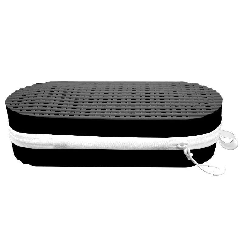 A soft silicone glasses case in a long hand shape, shown in a colour option like black or dark purple rose red.