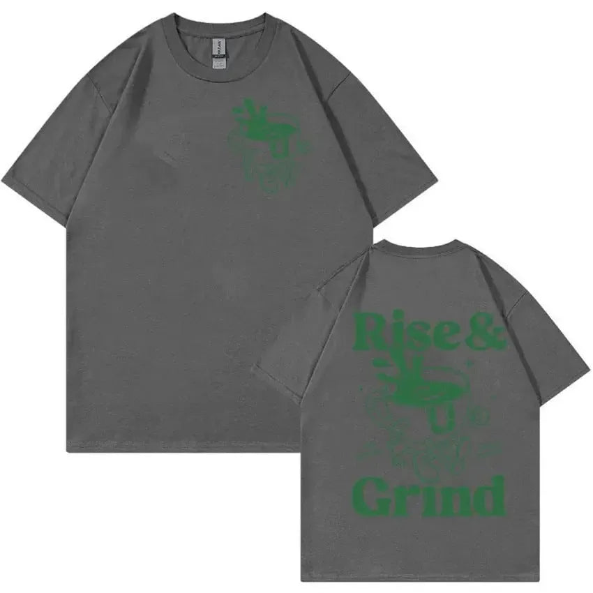 Loose fit black linen t-shirt with green Rise And Grind coffee cartoon print on chest.