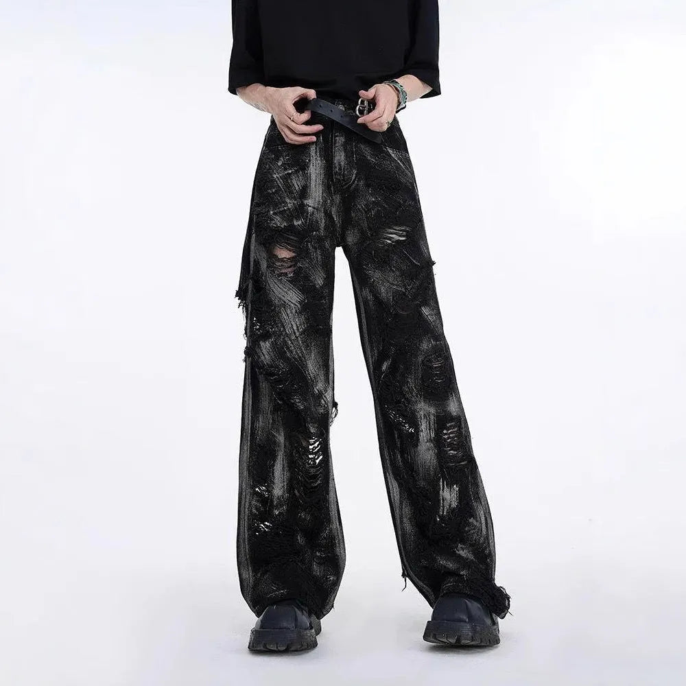 Men's heavyweight washed graffiti denim jacket in American high street style with zip fly closure