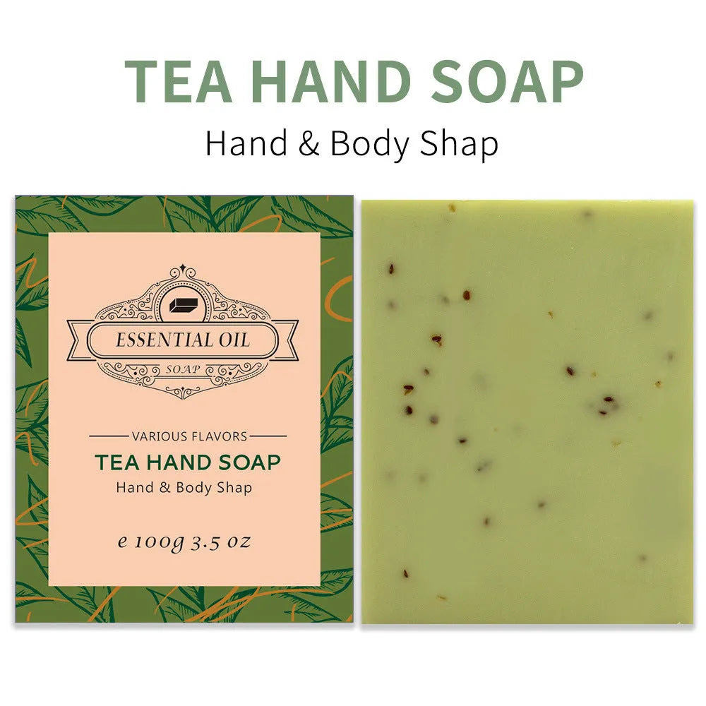 A frosted handmade essential oil soap bar in one of five scents: coconut, green tea, lavender, rose, or Four Boxes.