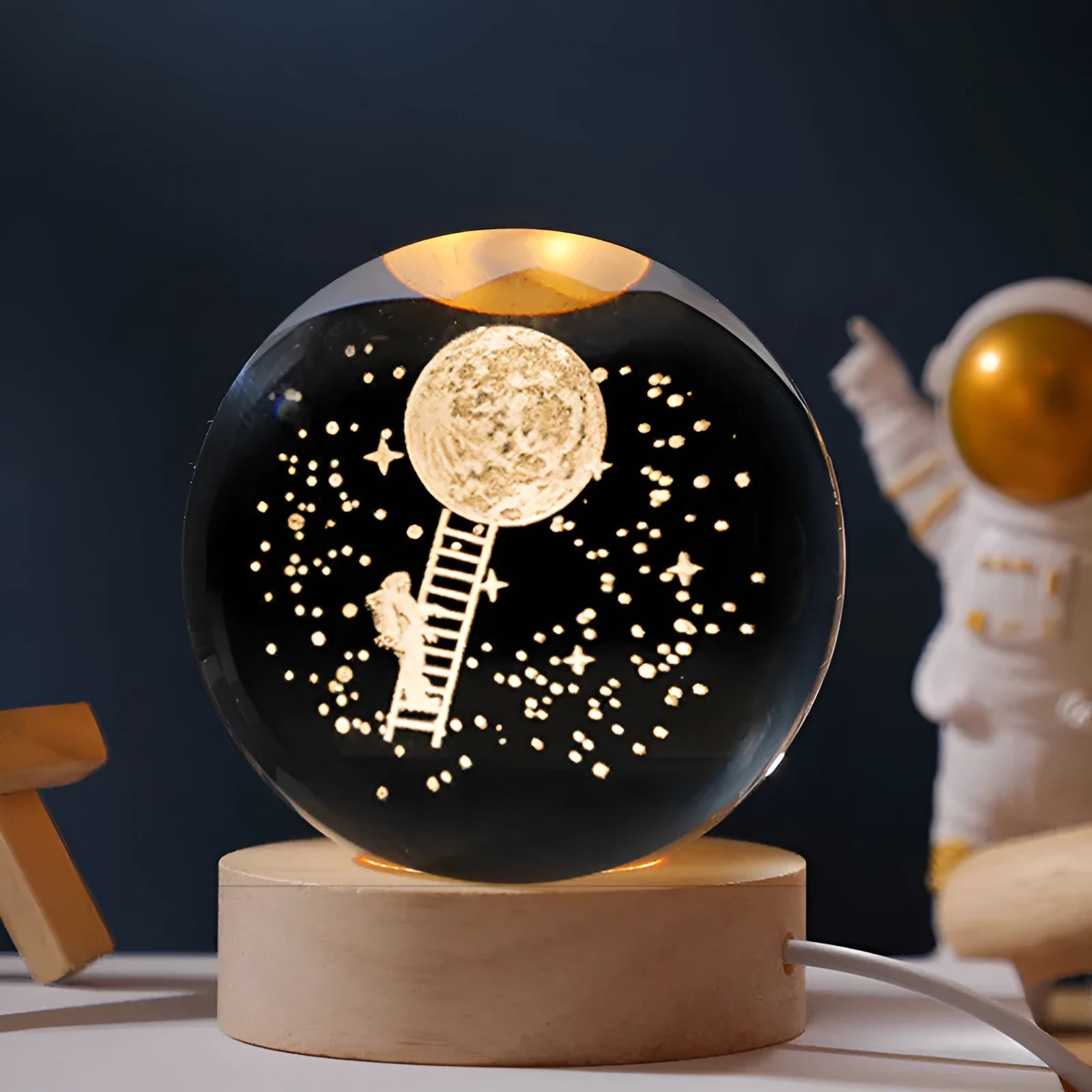 Starry sky luminous crystal ball on wooden base with USB-powered illumination
