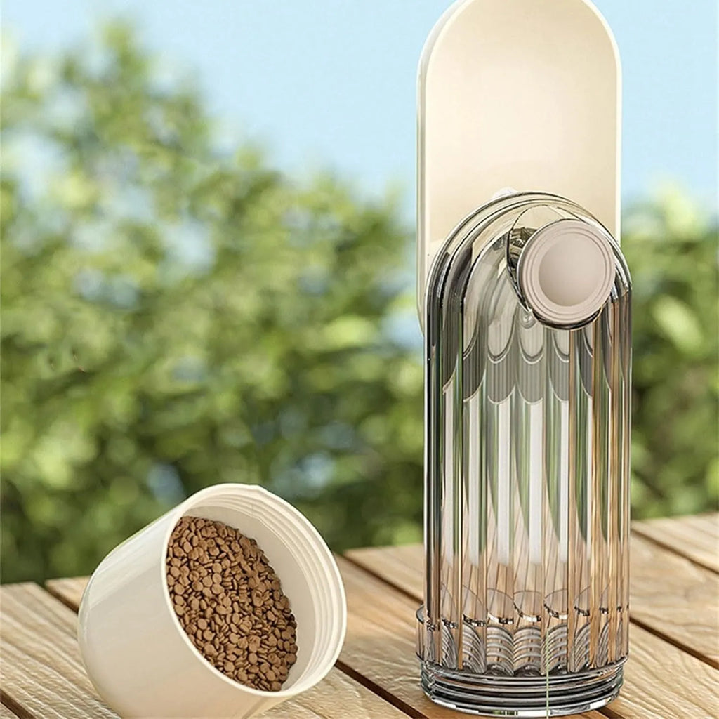 Foldable dog water bottle with food dispenser in beige colour for outdoor walking