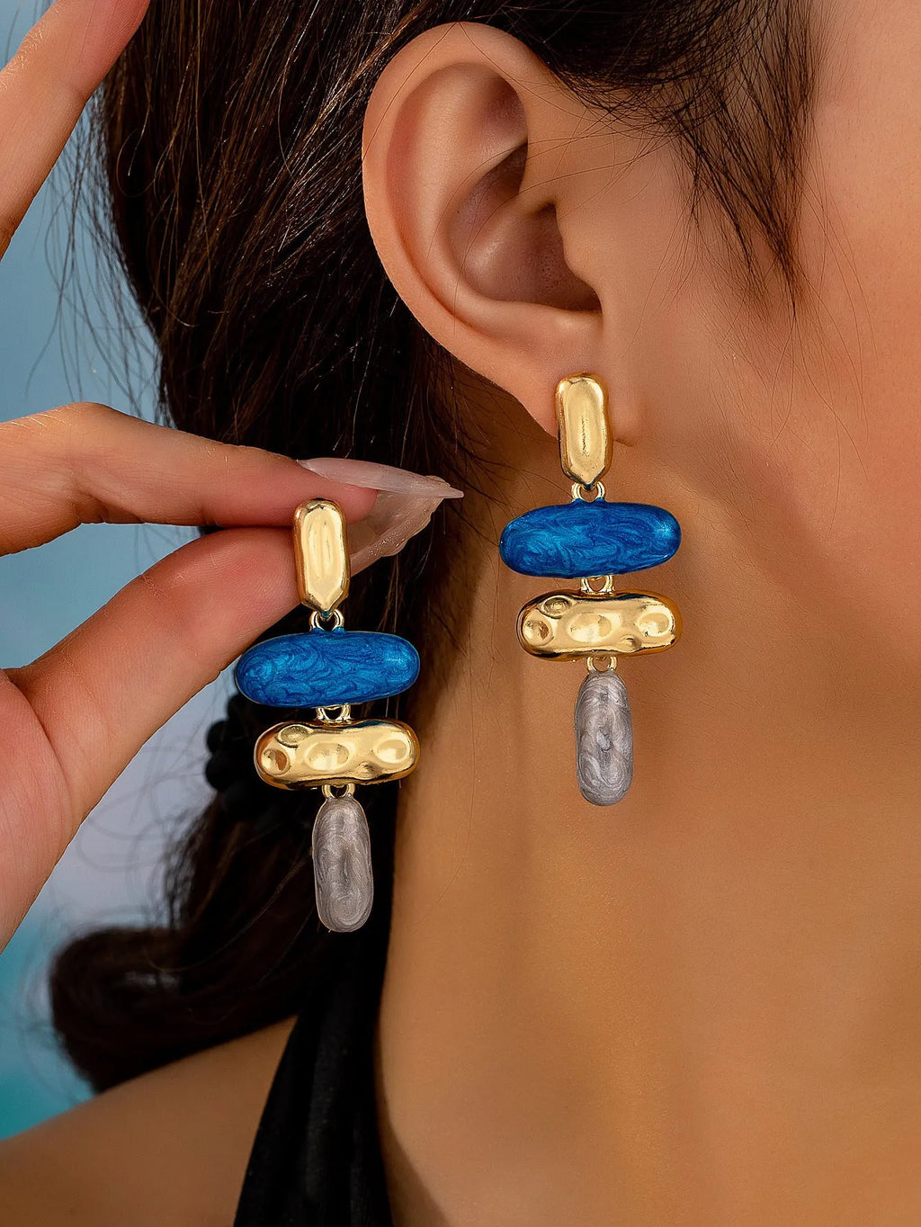 Geometric stud earrings with multicolor electroplated finish on zinc alloy
