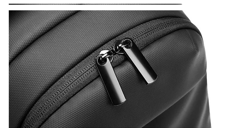 Black Oxford cloth multifunctional crossbody bag for men with zipper closure and shoulder strap on neutral background