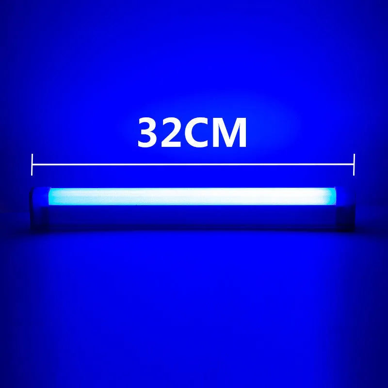 Blue and purple rechargeable dimmable LED tube stick light in 32cm length on a dark surface.