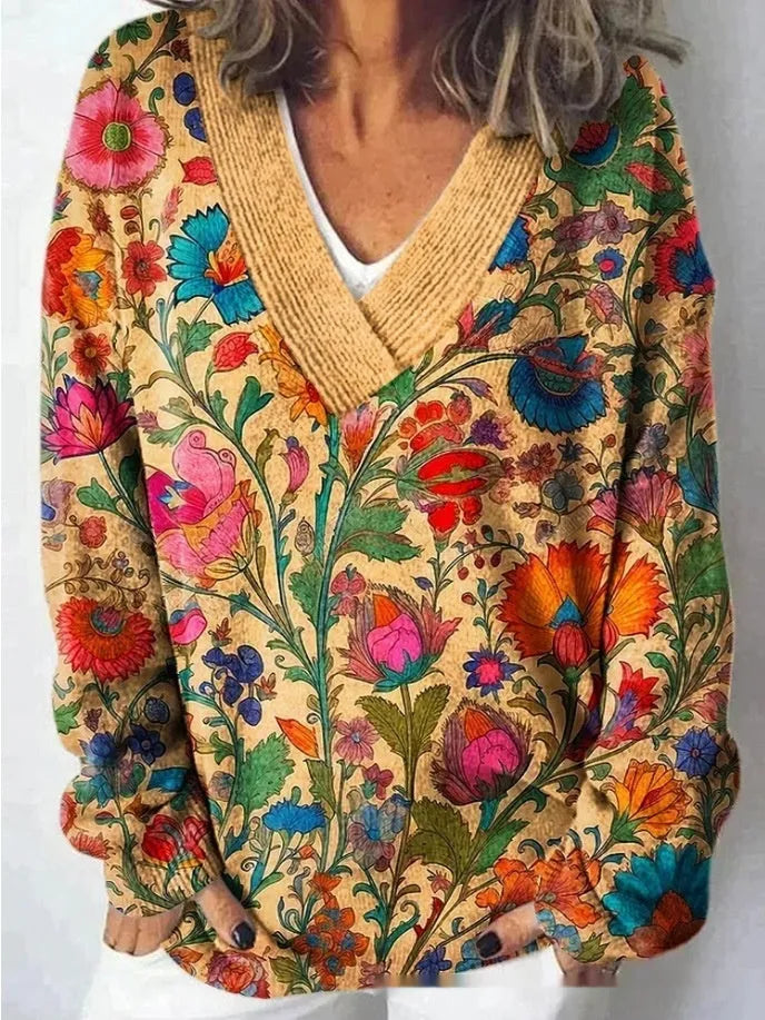 Women's V-neck sweatshirt with 3D floral pattern print and long sleeves