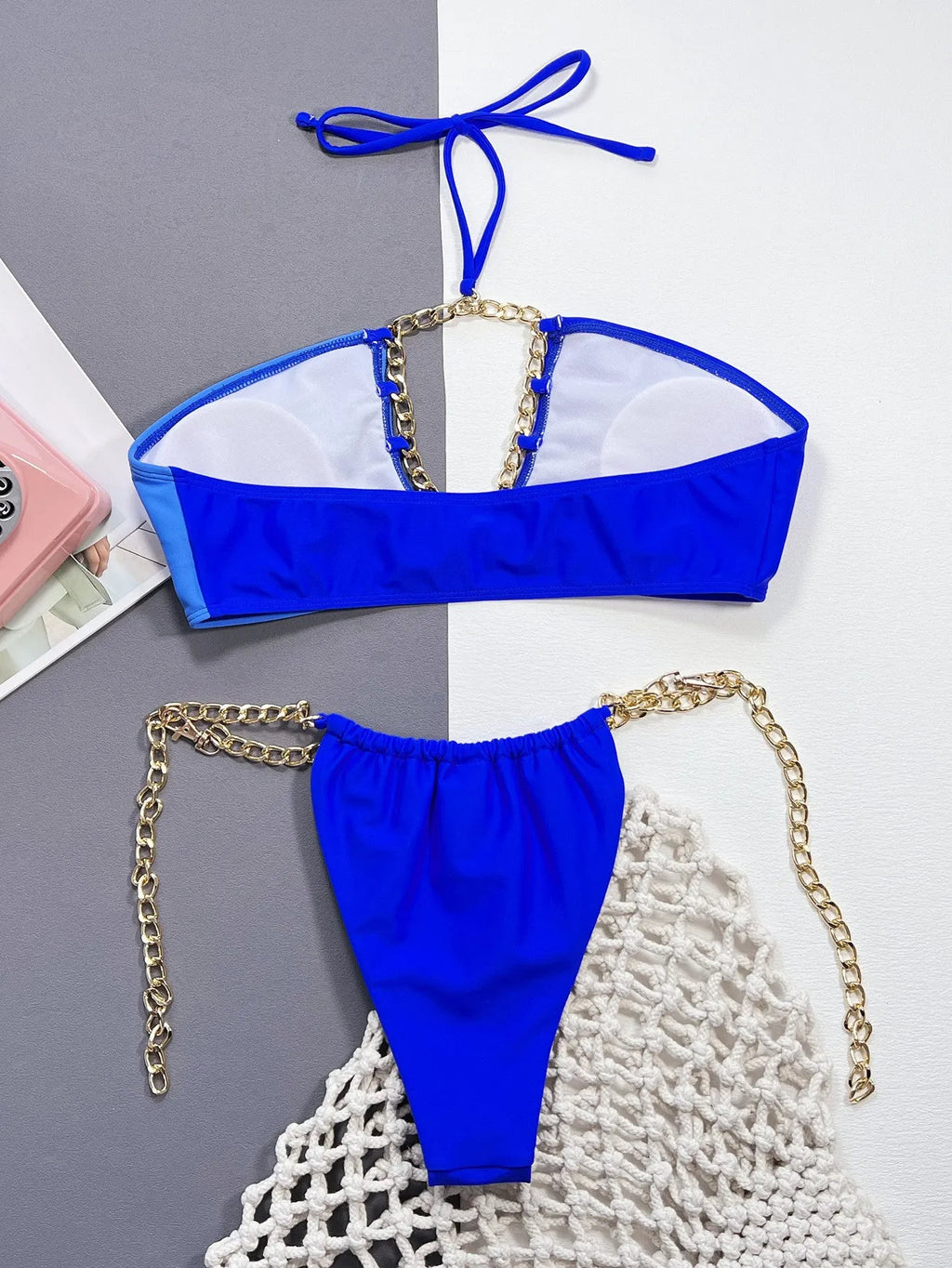 Solid blue women's nylon bikini swimsuit set showing front view of two-piece swimwear