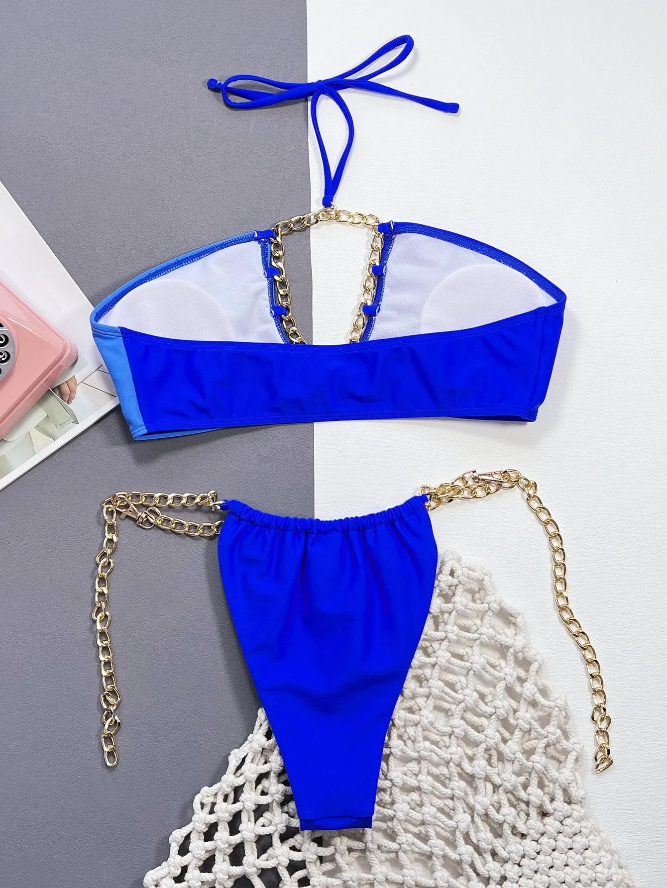 Solid blue women's nylon bikini swimsuit set showing front view of two-piece swimwear