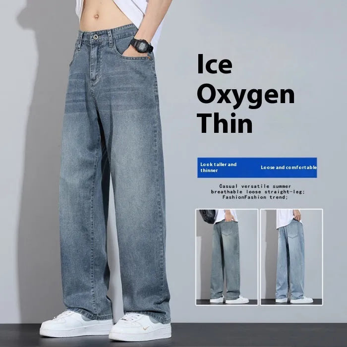 Man wearing straight-leg light blue denim casual trousers for leisure