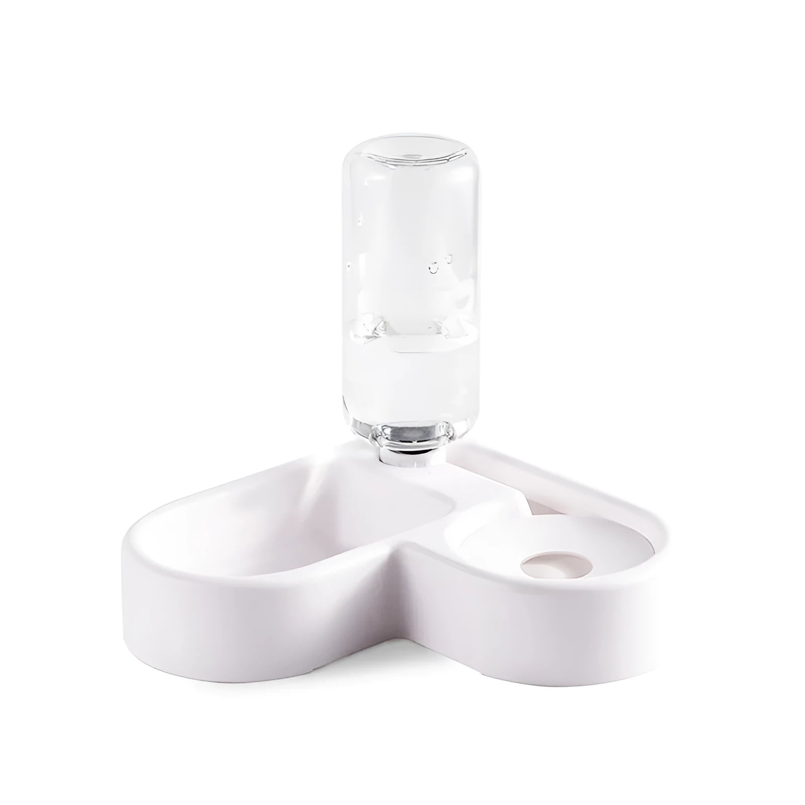 White automatic pet water fountain with stainless steel top on a floor.