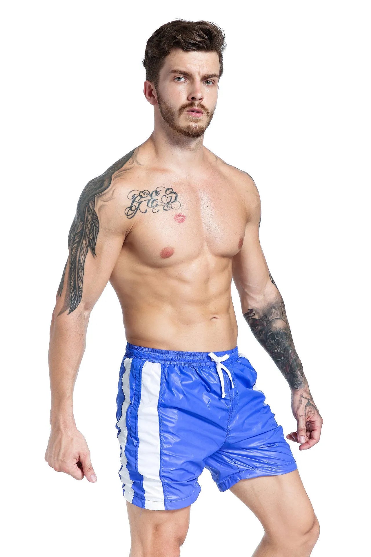 Men's blue lace-up sports shorts with padding and slim fit styling for athletic activities