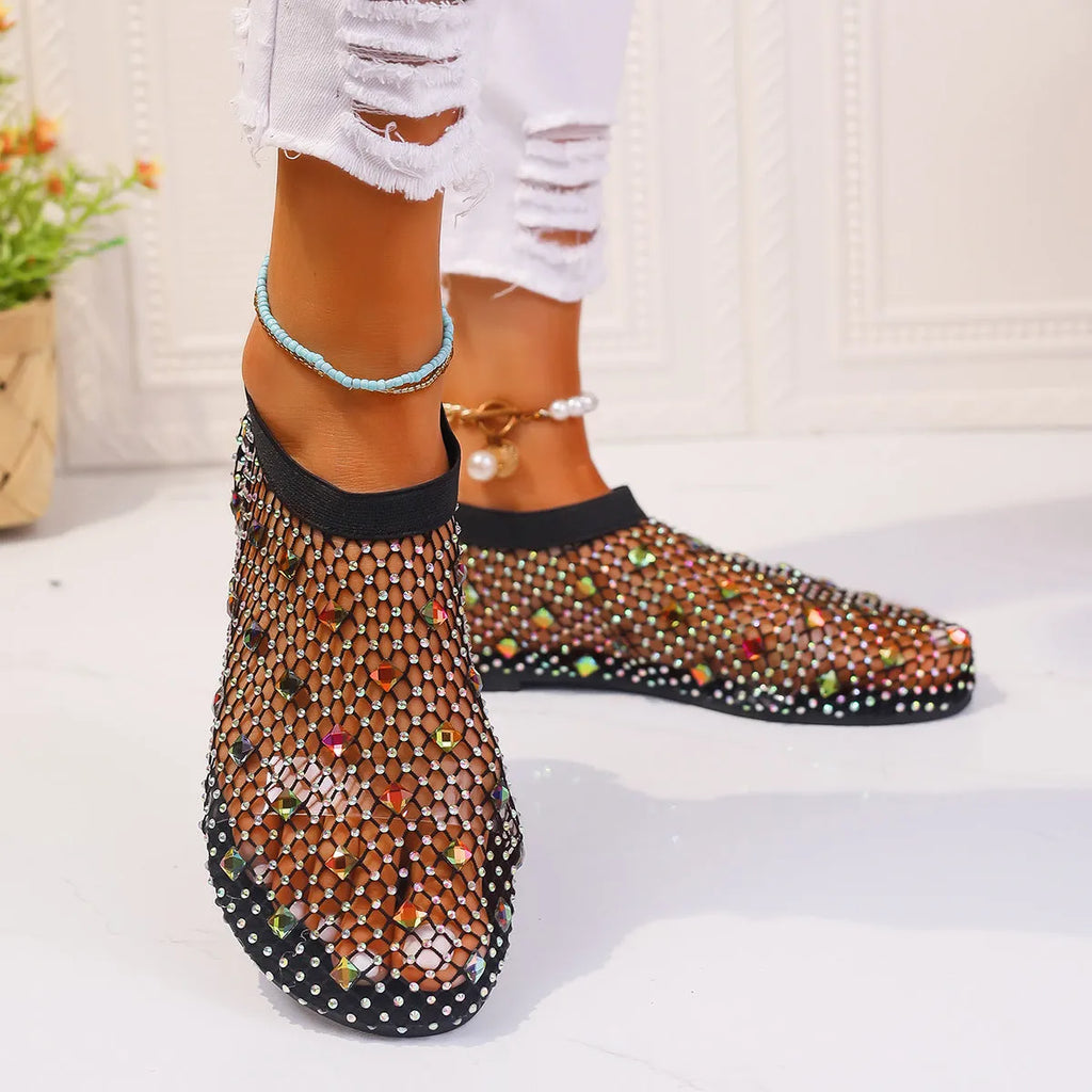 Women's colourful rhinestone mesh flat sandals with rubber sole