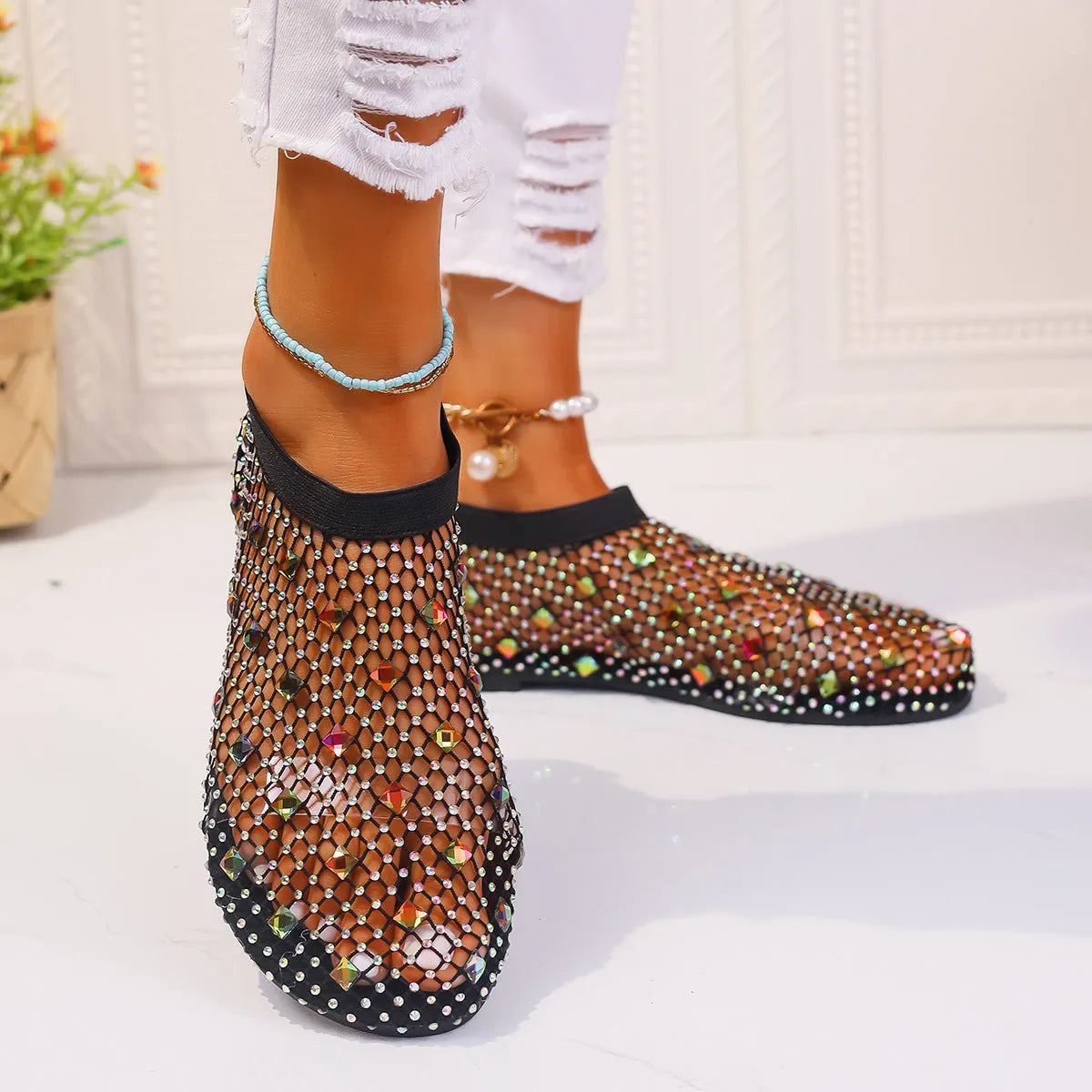 Women's colourful rhinestone mesh flat sandals with rubber sole