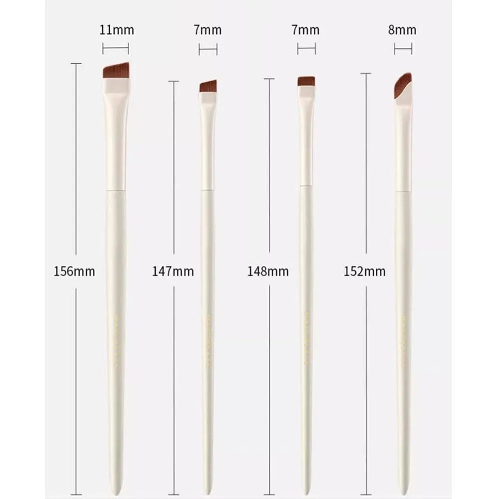 Four angled eyeliner and brow brushes with fine tips in leather case for precise makeup application