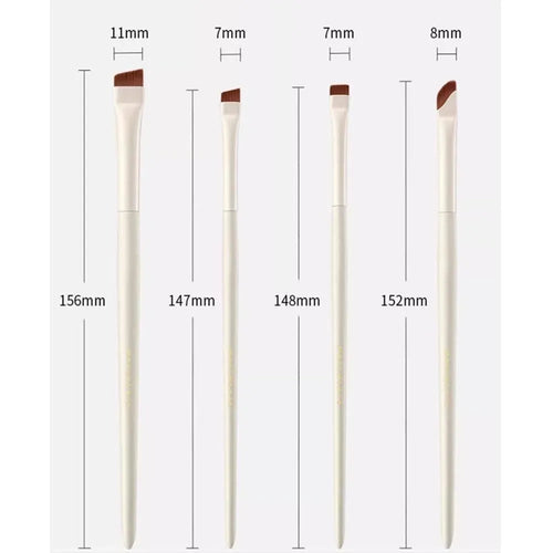 Four angled eyeliner and brow brushes with fine tips in leather case for precise makeup application