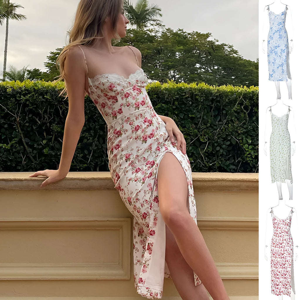 Blue lace flowers print long dress with spaghetti straps and a high leg slit on a mannequin.