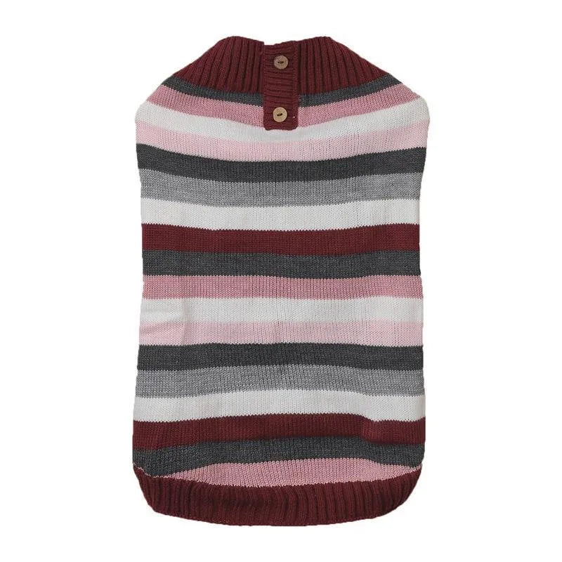 Grey acrylic knit dog sweater with horizontal side zip and a chest pocket on a small dog.
