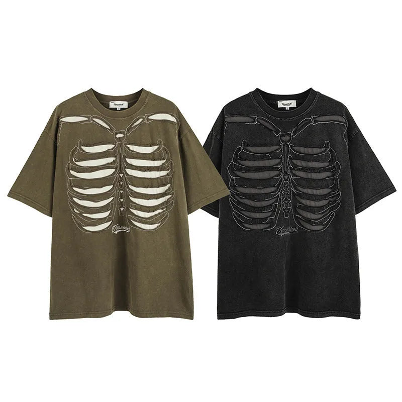 Brown cotton t-shirt with skull print design and drop shoulder sleeves laid flat