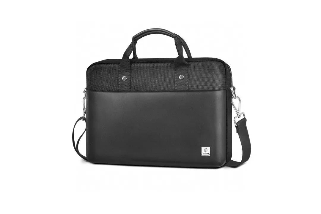 Black Oxford cloth laptop rucksack with multiple pockets and a lock, shown fitting a 15.6-inch laptop.