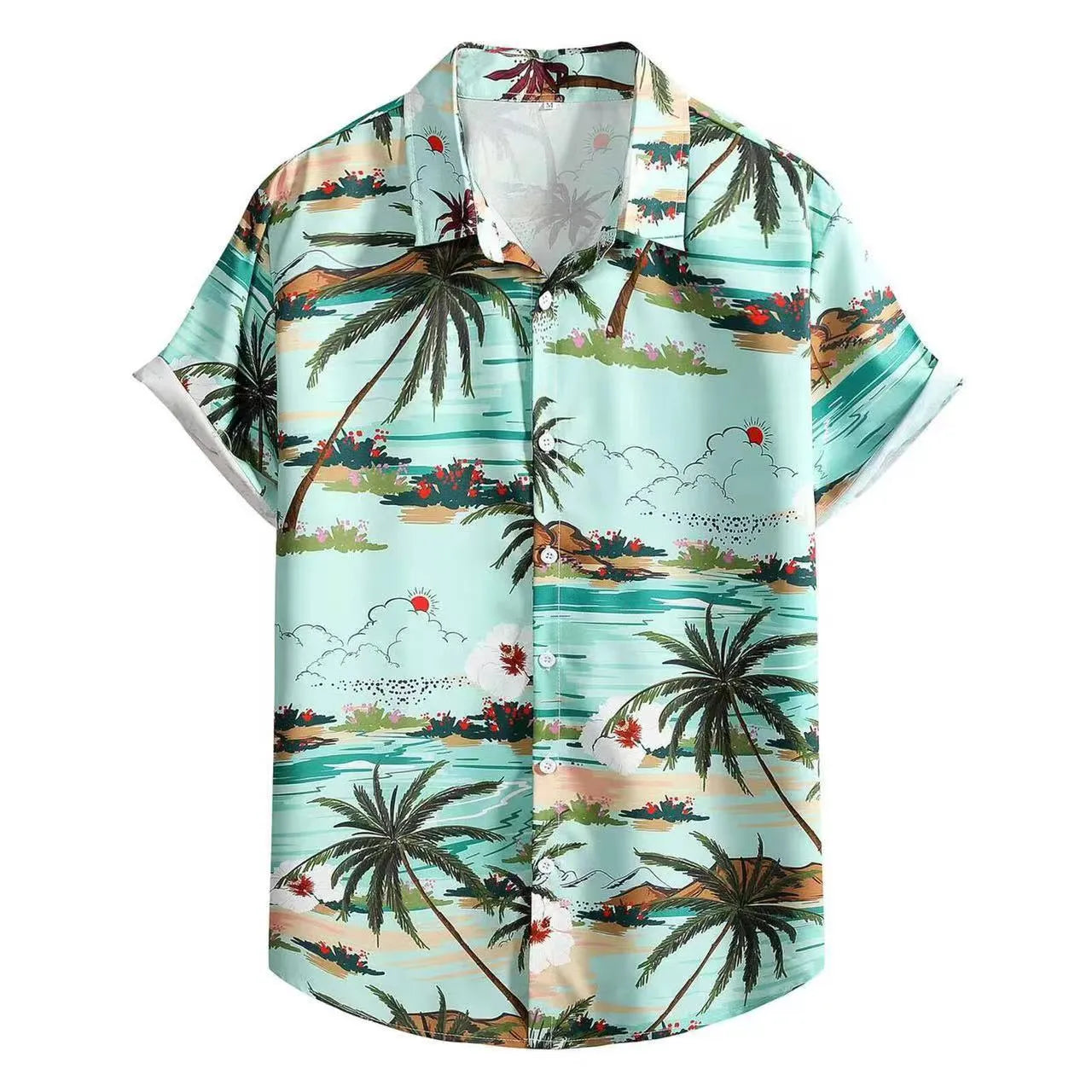Men's short-sleeved Hawaiian shirt with a colourful 3D printed pattern on a polyester blend fabric.
