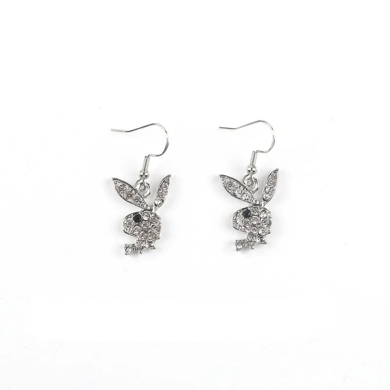 Rabbit stud earrings with diamond-cut surface detail in gold, pink and silver metallic finishes