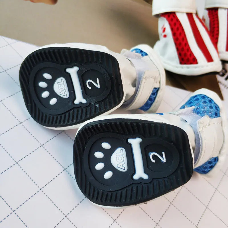 VIP Teddy Schnauzer cloth dog shoes with zipper, non-slip sole, in blue, pink, and red.