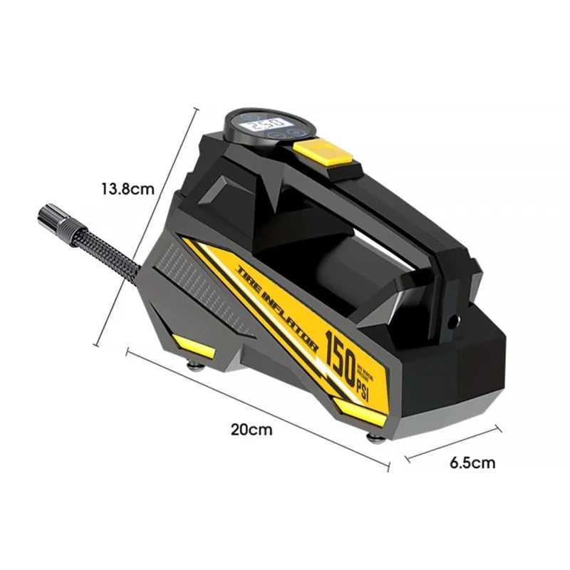 Black portable tyre inflator with digital display and LED light, powered by 12V car socket.
