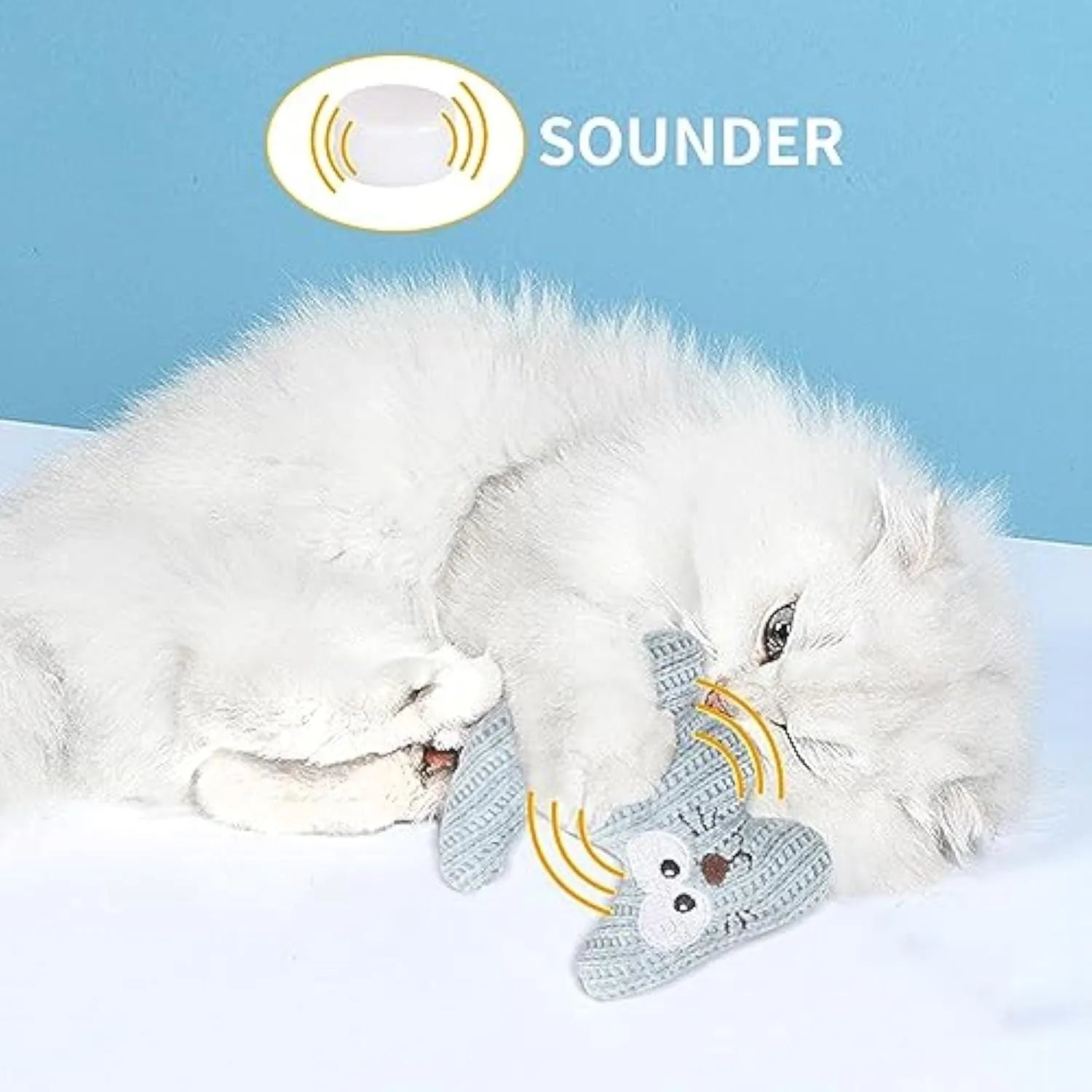 Cyan knitted plush cat toy with bell and catnip filling on a white surface.