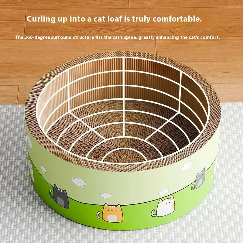 Round cat scratch board with deep circular pits made from corrugated paper