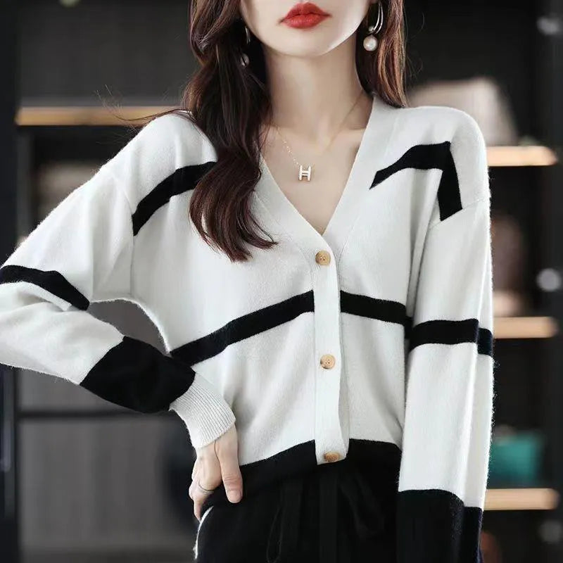 Women's striped V-neck button-up cardigan with a 3D knit pattern in a slim fit