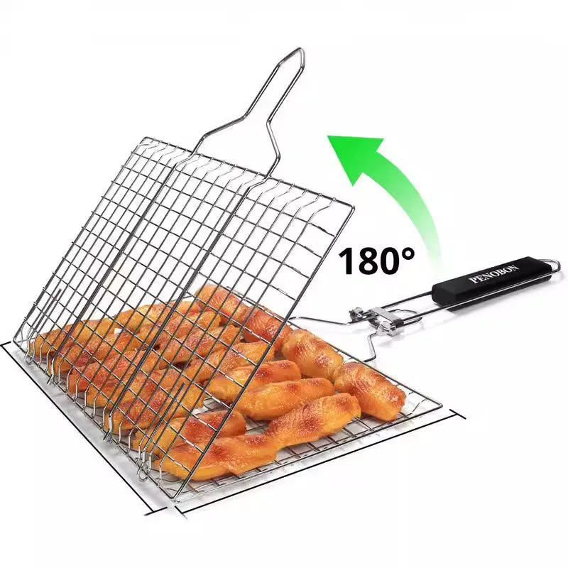 Square stainless steel folding barbecue mesh basket with cleaning brush for grill cooking