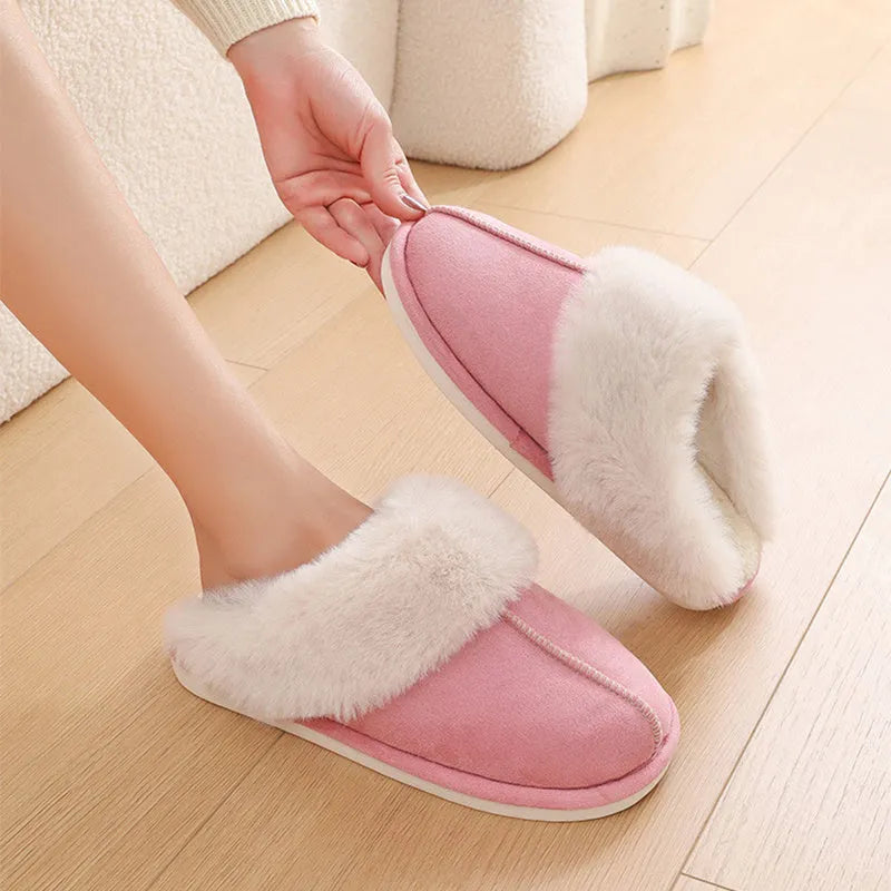 Women's brown plush slippers with round toe, flat heel, and anti-slip PVC sole.